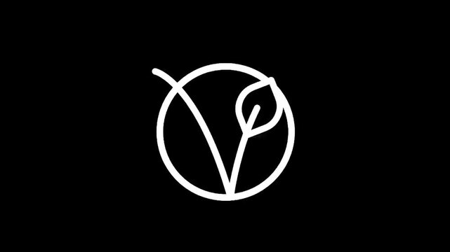 Minimalist white vegan symbol with a leaf inside a circle on a black background