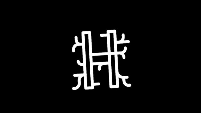 Abstract white letter H with organic branching elements on a black background