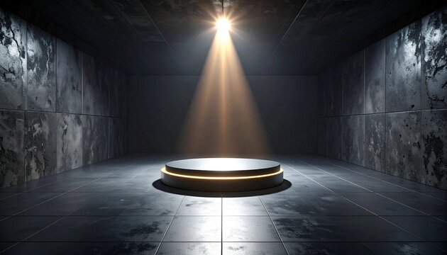 Dark industrial room with concrete walls, spotlight illuminating circular black platform at center&hellip;