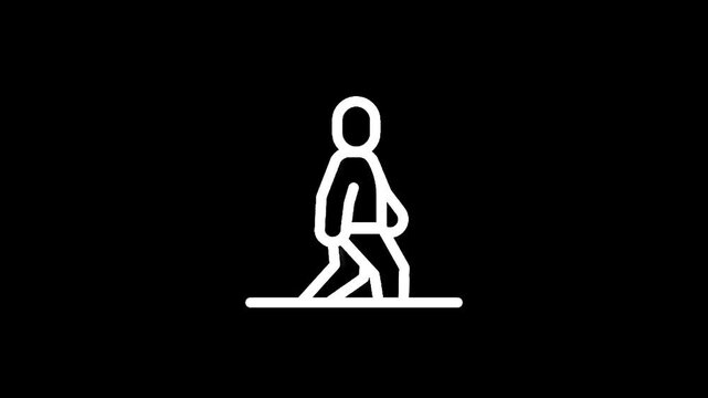 Simple white line icon of a person walking on a black background