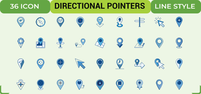 Directional pointers map pin collection for navigation tracking location and travel markers.