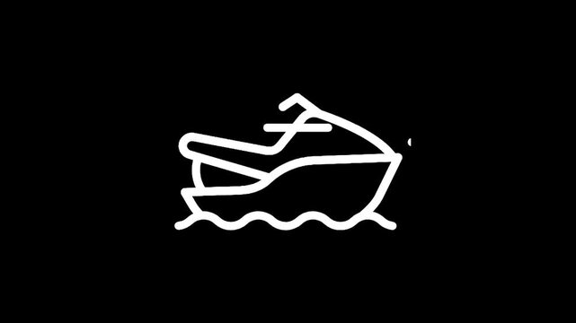 Simple white line art icon of a jet ski on water against a black background