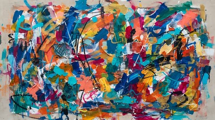 Fototapeta premium Abstract expressionist painting showcasing heavy texture with vibrant colorful strokes and dramatic sweeping paint marks imagery.