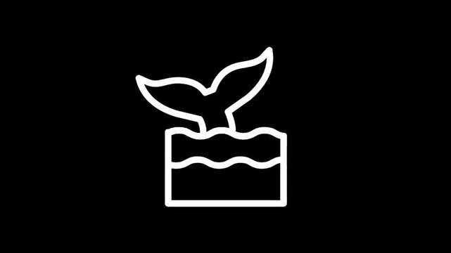 Minimalist white whale tail icon emerging from wavy water on black background