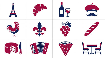 Collection of French Icons and Symbols Representing Culture. © Slamet
