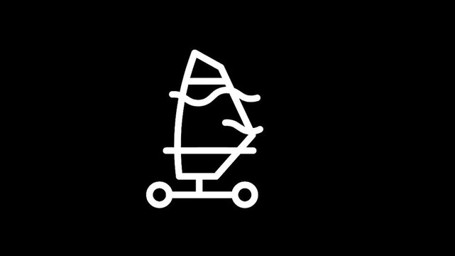 Minimalist line art icon of a windsurf board on a trolley against a black background