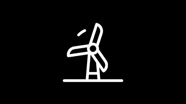 Simple white outline of a wind turbine on a black background, representing clean energy