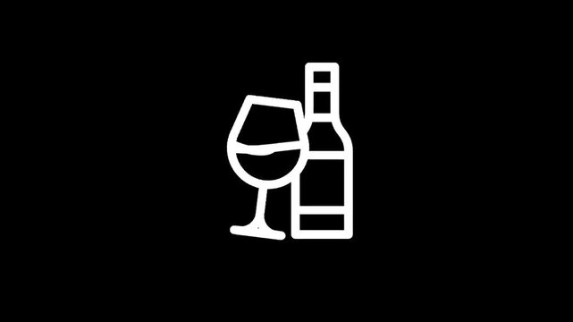 Simple white line art icon of a wine bottle and glass on a black background