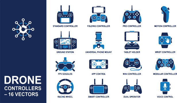 Extensive vector icon collection of drone controllers, remote control devices, and accessories for unmanned aerial vehicles, illustrating various operational methods and interface designs