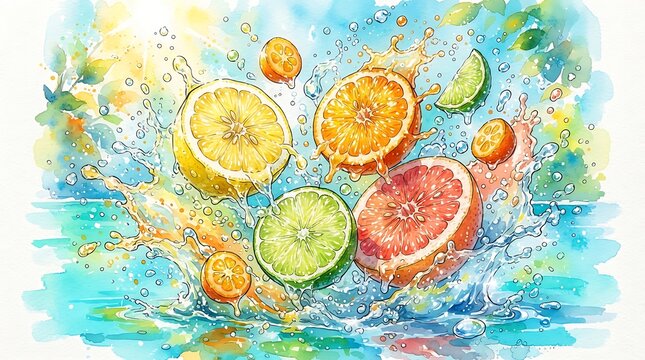 Fresh citrus slices falling into refreshing water splash with bright sunlight and vibrant summer colors watercolor painting.