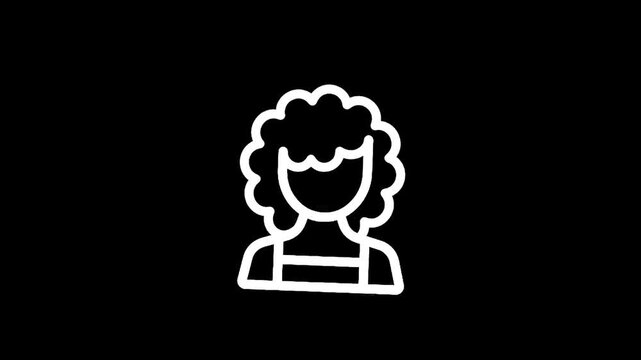 Simple line art icon of a person with curly hair and a simple outfit on a black background