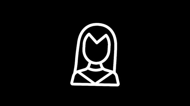 Simple white outline of a woman with long hair and a tiara on a black background
