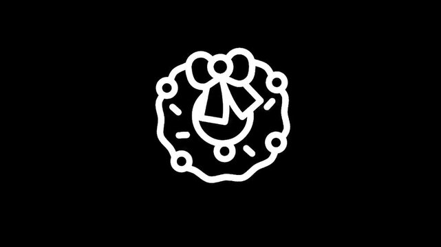 Simple white line art Christmas wreath with bow and ornaments on black background