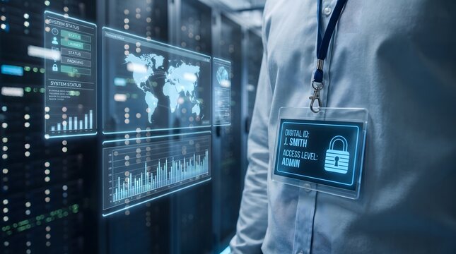 Admin personnel with digital ID badge and futuristic interface displaying system status and security data in a server room setting with blue lighting and various graphs
