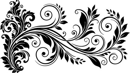 Fototapeta premium Floral ornament with swirling leaves and stems, black and white vector