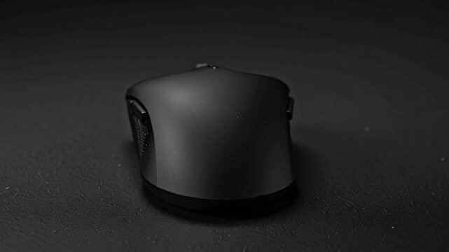 Black Wireless Gaming Computer Mouse Rotating on Dark Surface