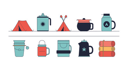 Camping gear and supplies on display outdoors