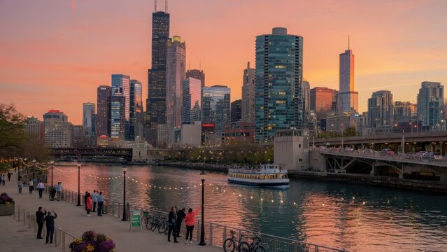 People walk along the chicago riverfront while a sightseeing vessel sails past the tall skyscrapers during a scenic golden hour sunset which glows over the dense urban environment of the city dow