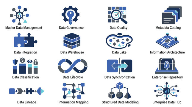 Data management, governance, and architecture icons, 20 blue vector graphics, data visualization elements