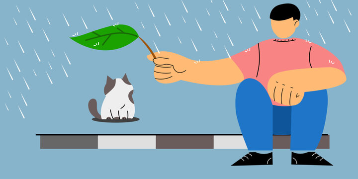 A man holds a leaf over a cute cat to shield it from the rain, illustration flat design