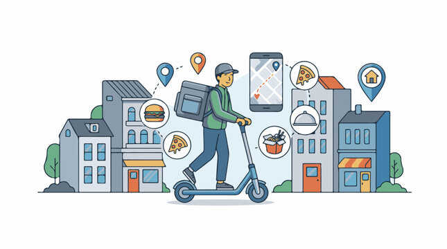 Food delivery on electric scooter in city with buildings and icons