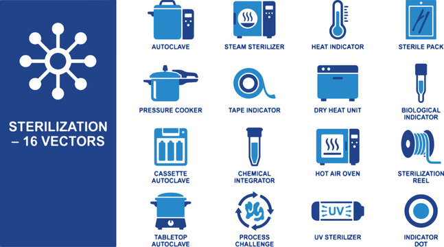 Medical sterilization equipment icons for laboratory sanitization featuring autoclaves, indicators, and disinfection tools