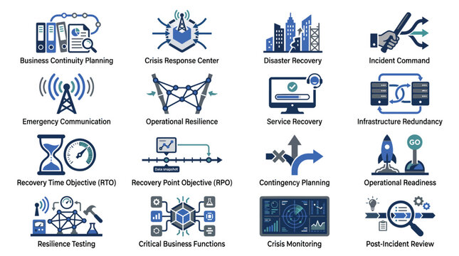 Business Continuity Icons, Crisis Management Symbols, Emergency Response, Disaster Recovery, 20 Vector Graphics