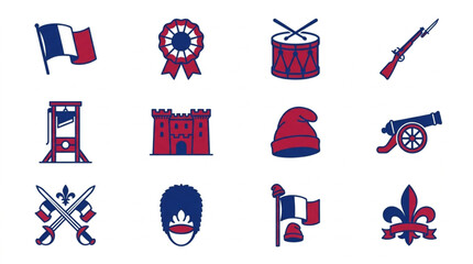 French Revolution Icons Set French Flag Tricolor Rosette Drum Guillotine. © Tayu