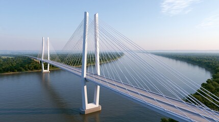 Fototapeta premium White cable-stayed bridge spanning wide river infrastructure development