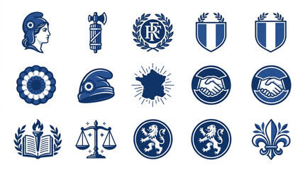 Collection of French Symbols and Emblems in Blue and White. © Tayu