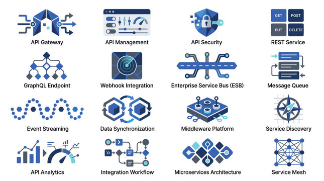 API icons, software integration symbols, business workflow graphics, 16 data exchange signs