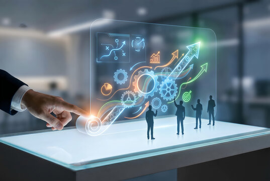 Businessman guiding team on futuristic career path with digital strategy visualization