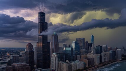 Fototapeta premium A turbulent storm rolls over the towering skyscrapers of Chicago as thick dark clouds gather around the tall Willis Tower during a dramatic sunset that illuminates the impressive urban city