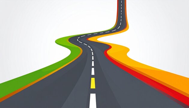 &ldquo;Curving stylized road with dashed white line, flanked by vivid red, orange, yellow, blue streaks, abstract surreal gradient symbolizing creativity, diversity, and journey.&rdquo;