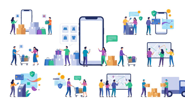 Mobile Commerce and Online Shopping App with Tiny Customers Flat Vector Illustration