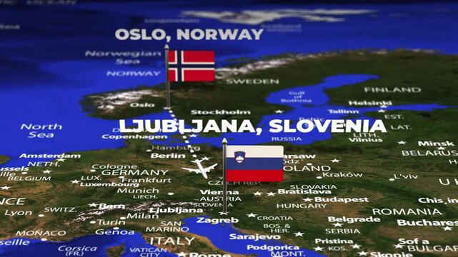 Flight From Oslo NORWAY to Ljubljana SLOVENIA with flag pins