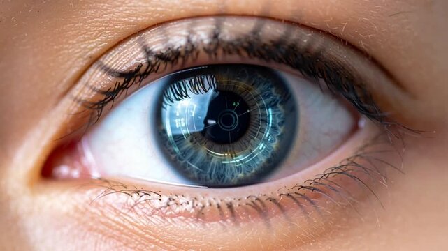 Close-up of Futuristic Human Eye with Digital Interface Blinking