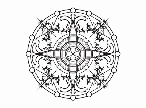 Symmetrical quantum computing chip icon with detailed sacred geometry lace patterns