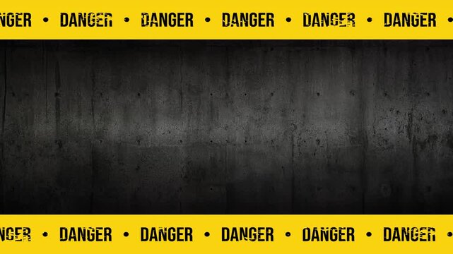 Looping Industrial Danger Tape Border Animation with Repeating DANGER Warning Text on Dark Metal Grunge Surface 4K 60 fps