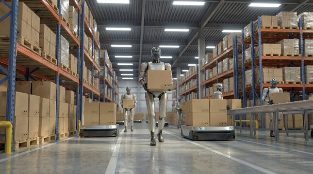 Humanoid robot carrying cardboard box walking through automated warehouse with shelves 3d render