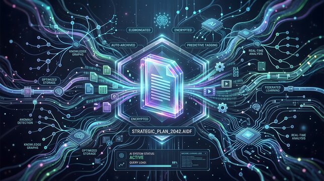 Futuristic AI system with encrypted document and neural network connections showing real-time analysis and machine learning