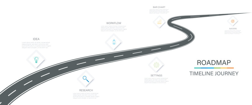 Business roadmap timeline infographic template with pointers design. Isometric navigation map infographic 6 steps timeline concept. Winding road timeline concept