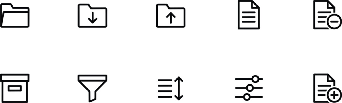 Folder and filter icons line style on a white background representing organization and data management icon file directory document storage archive download