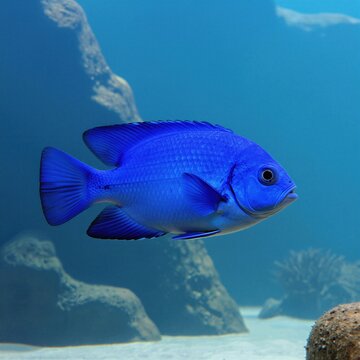 Single vibrant blue fish swims in clear ocean water near sandy seabed and rocks. Underwater aquatic life, simple serene marine environment, natural peaceful background.