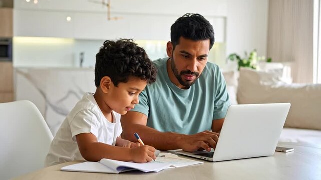 Father and son studying and working from home at a table with a laptop and notebook