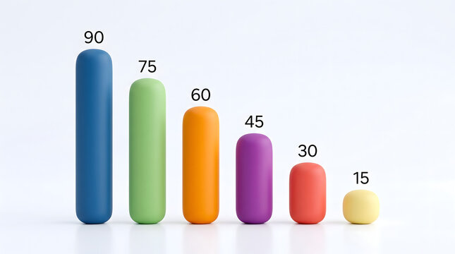 Vibrant 3D bar chart illustrating a declining trend, representing statistical data progression or performance decrease over time in a modern, engaging visual format for analytics and business insights
