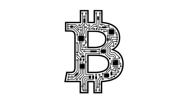 Bitcoin cryptocurrency symbol with integrated circuit board pattern isolated on white. Vector Illustration