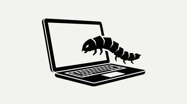 Minimalist illustration of a computer worm virus emerging from a laptop screen for cyber security. Vector Illustration