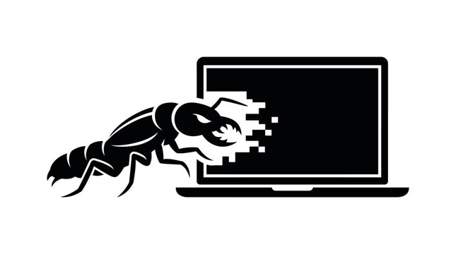 Conceptual vector icon of a software bug insect attacking a laptop screen. Vector Illustration