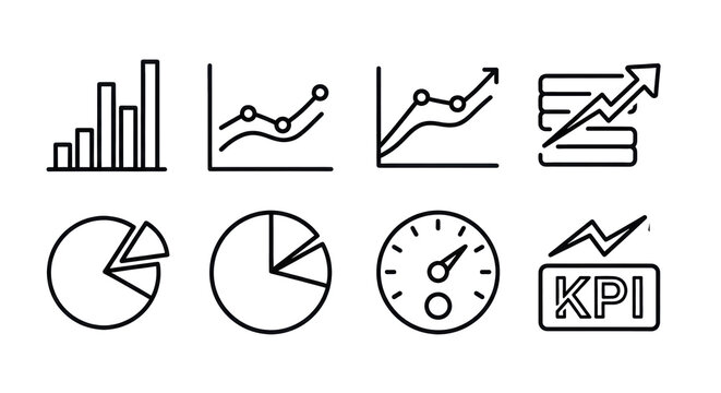 eight black solid-fill minimalist vector icons for data analysis (charts, kpi, gauge, arrow), isolated on transparent background with copy space. concept of modern ux design interface elements